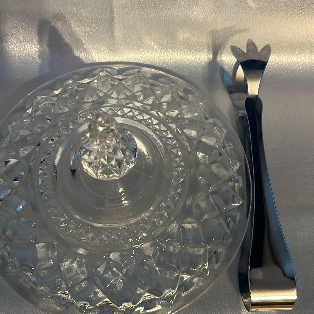 Vintage Anchor Hocking Wexford Glass Ice Bucket with Lid & Tongs Diamond Shaped - Picture 7 of 12